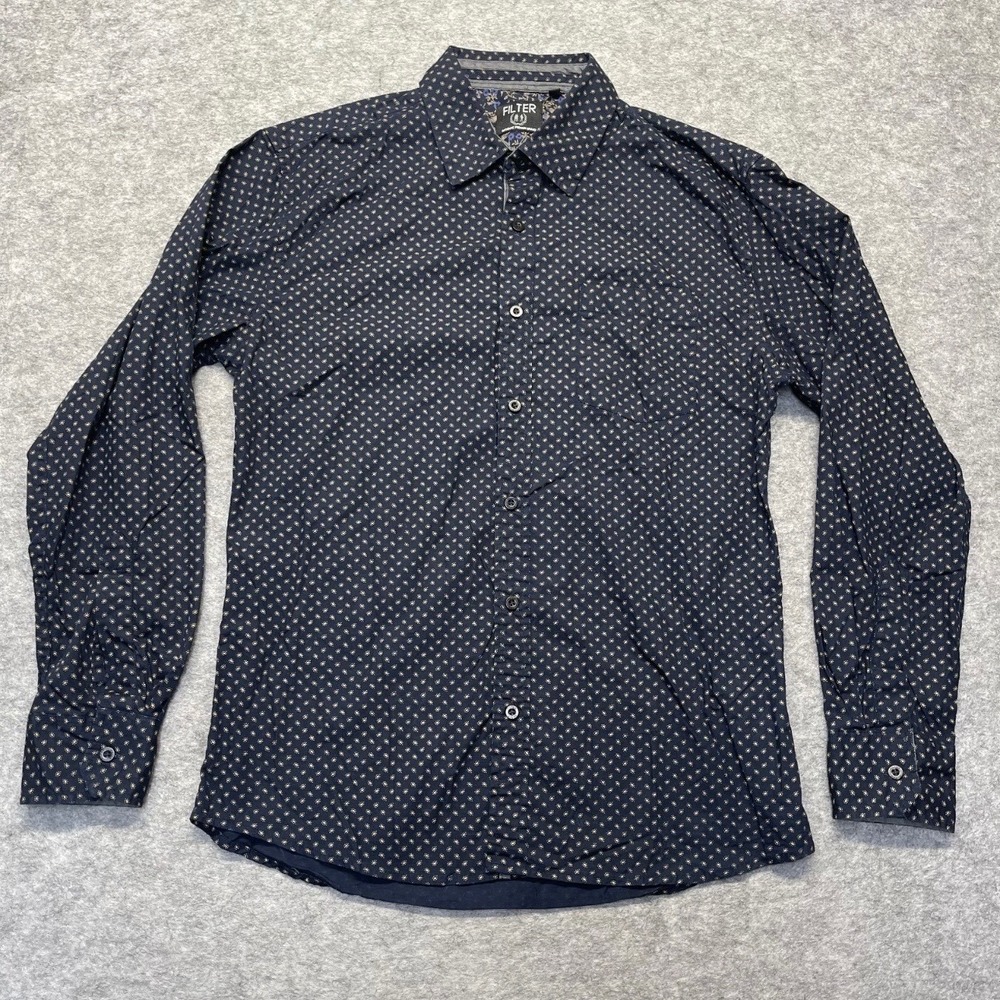 Filter Button Down Shirt Mens Large Micro Floral 100% Cotton Navy Blue Printed